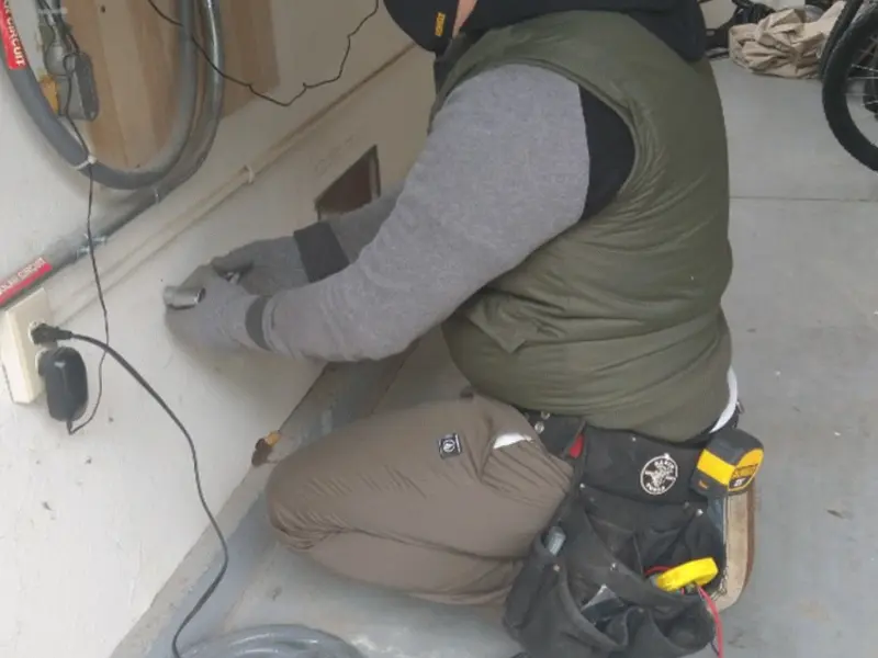 Electrician performing outlet wiring in a Rives garage
